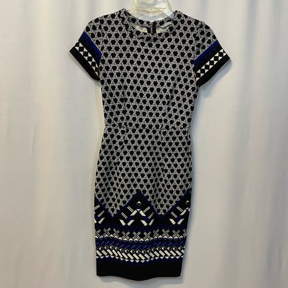 H&M Short Sleeve Exposed Back Zip Patterned Column Dress Workwear Knee Length XS - Picture 1 of 6